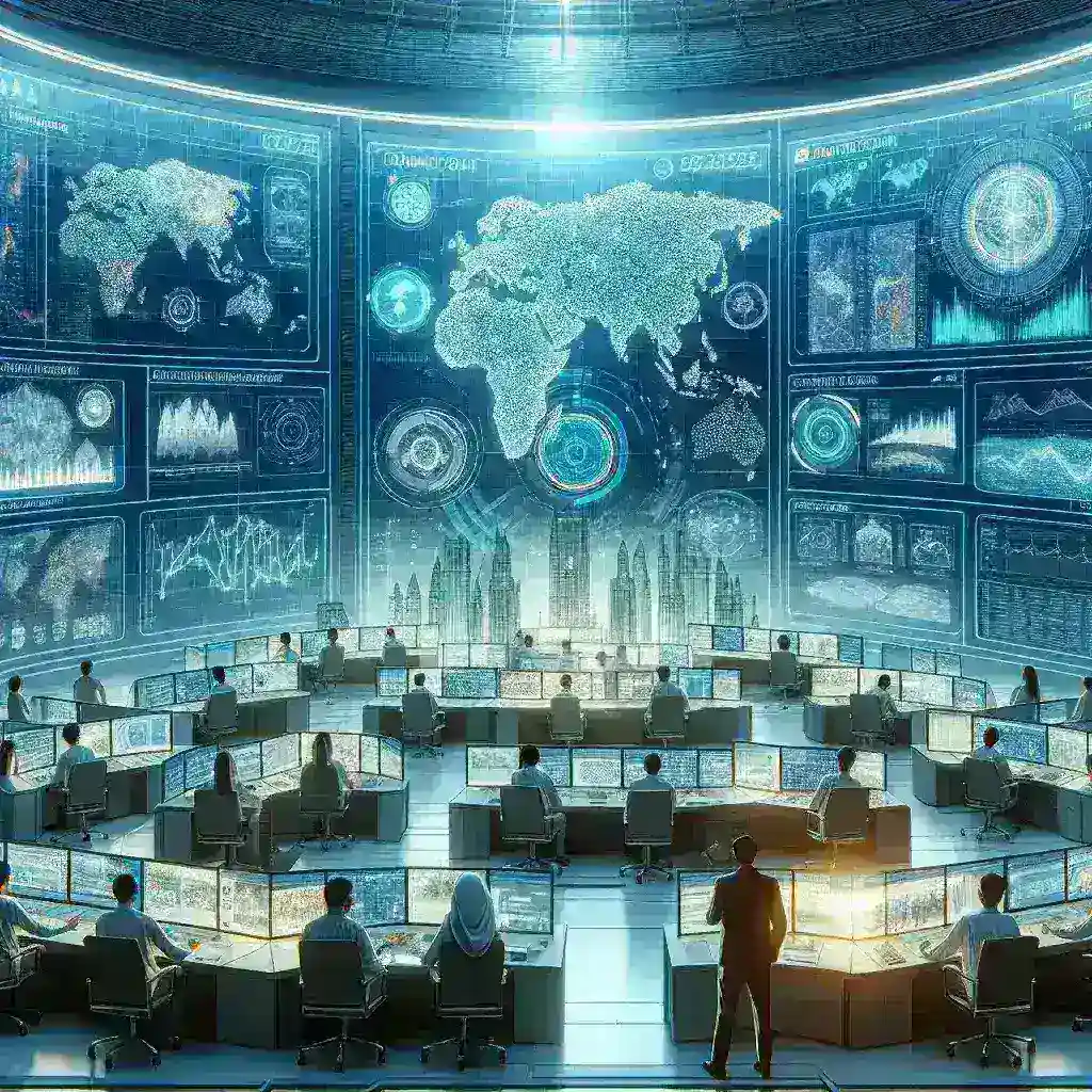 "Indonesia's National Command Center for AI-based Disaster Mitigation inauguration event, showcasing officials, advanced technology, and a focus on enhancing disaster response capabilities."