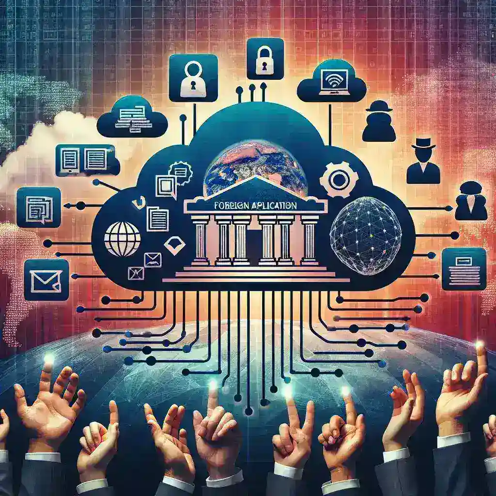 "Ilustrasi Kominfo menerapkan aturan baru penyimpanan data pengguna aplikasi asing, dengan simbol privasi digital dan bendera Indonesia sebagai latar belakang."